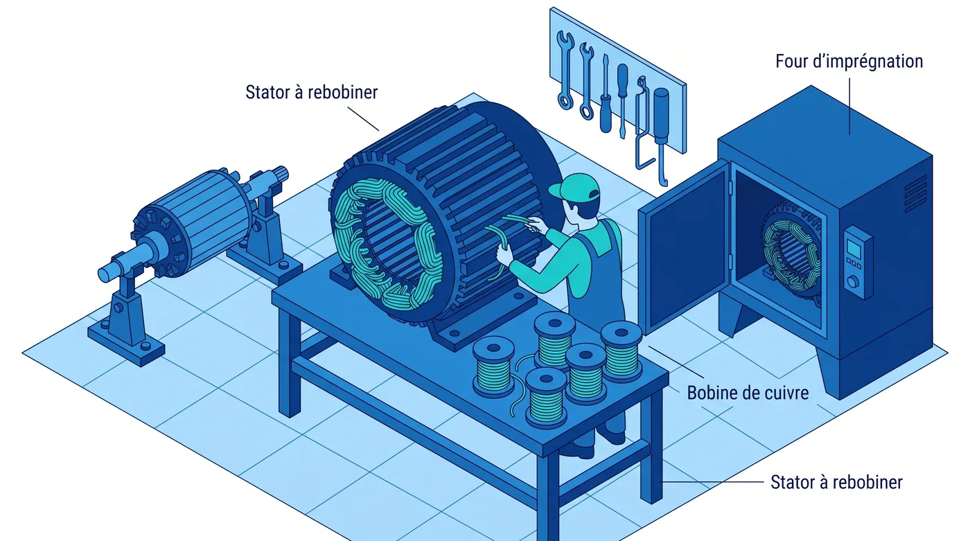 Atelier de rebobinage avec moteur électrique démonté et stator en cours de bobinage Atelier de rebobinage avec moteur électrique démonté et stator en cours de bobinage