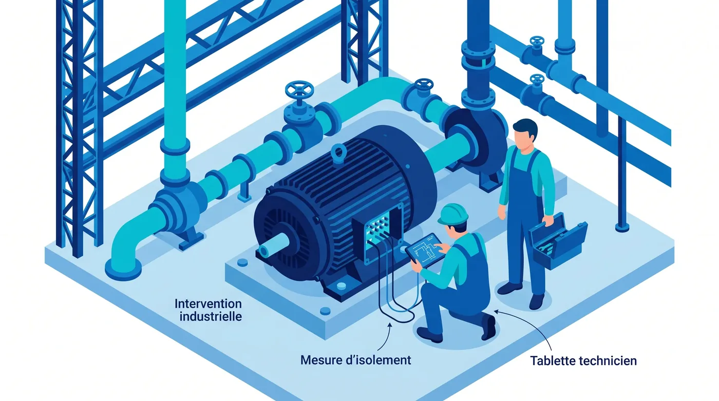 Intervention d'un technicien sur un moteur électrique industriel installé en usine Intervention d'un technicien sur un moteur électrique industriel installé en usine