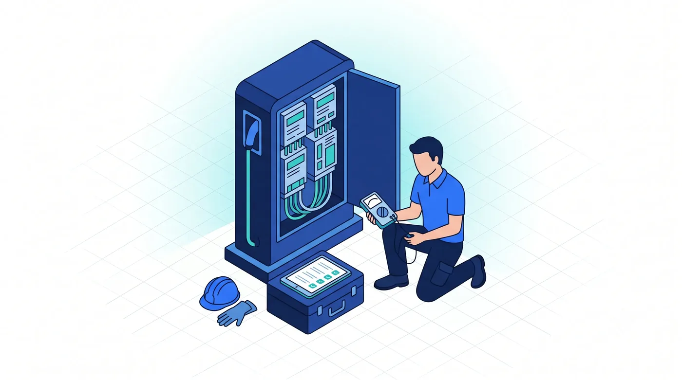 Maintenance préventive des bornes : points de contrôle et rapport de vérification sur le terrain Maintenance préventive d'une borne de recharge : technicien contrôlant la borne ouverte, points de contrôle cochés sur tablette
