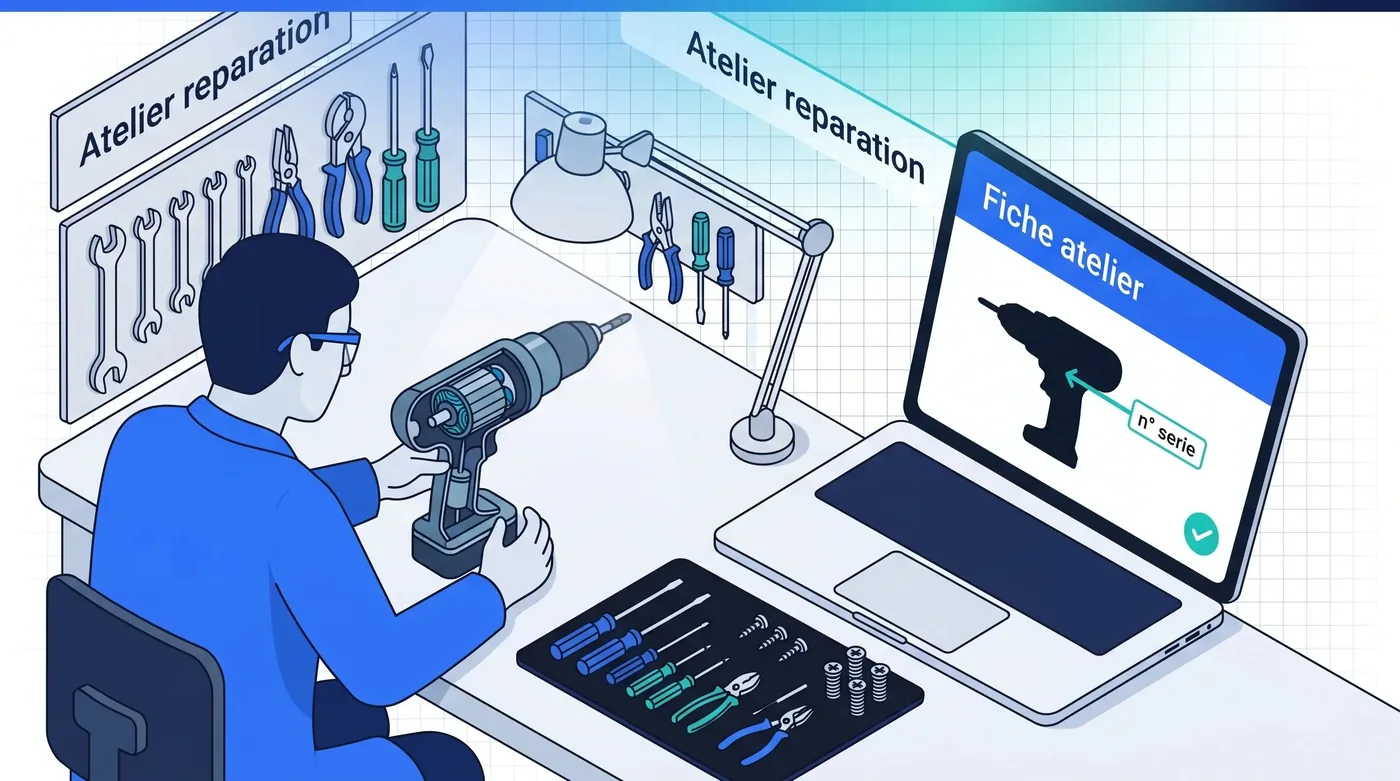 Atelier réparation : diagnostic et dossier par numéro de série Atelier de réparation d'outillage électroportatif — technicien diagnostiquant une perceuse à l'établi avec tablette de saisie