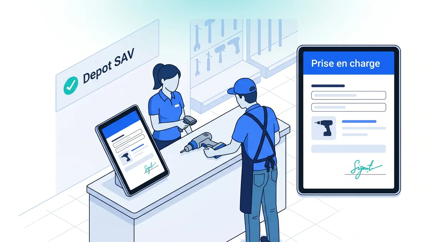 Dépôt SAV magasin : ticket de prise en charge en moins d'une minute Comptoir SAV d'un magasin d'outillage — conseiller enregistrant un dépôt client avec scan code-barres et signature tablette