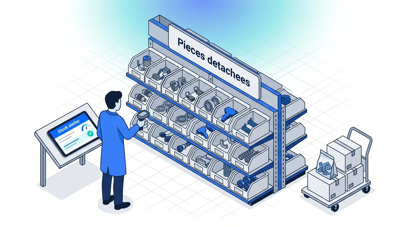 Stock atelier de pièces détachées : seuils, réapprovisionnement et traçabilité Gestion des pièces détachées d'outillage — étagères de bacs, scan code-barres et écran de stock atelier