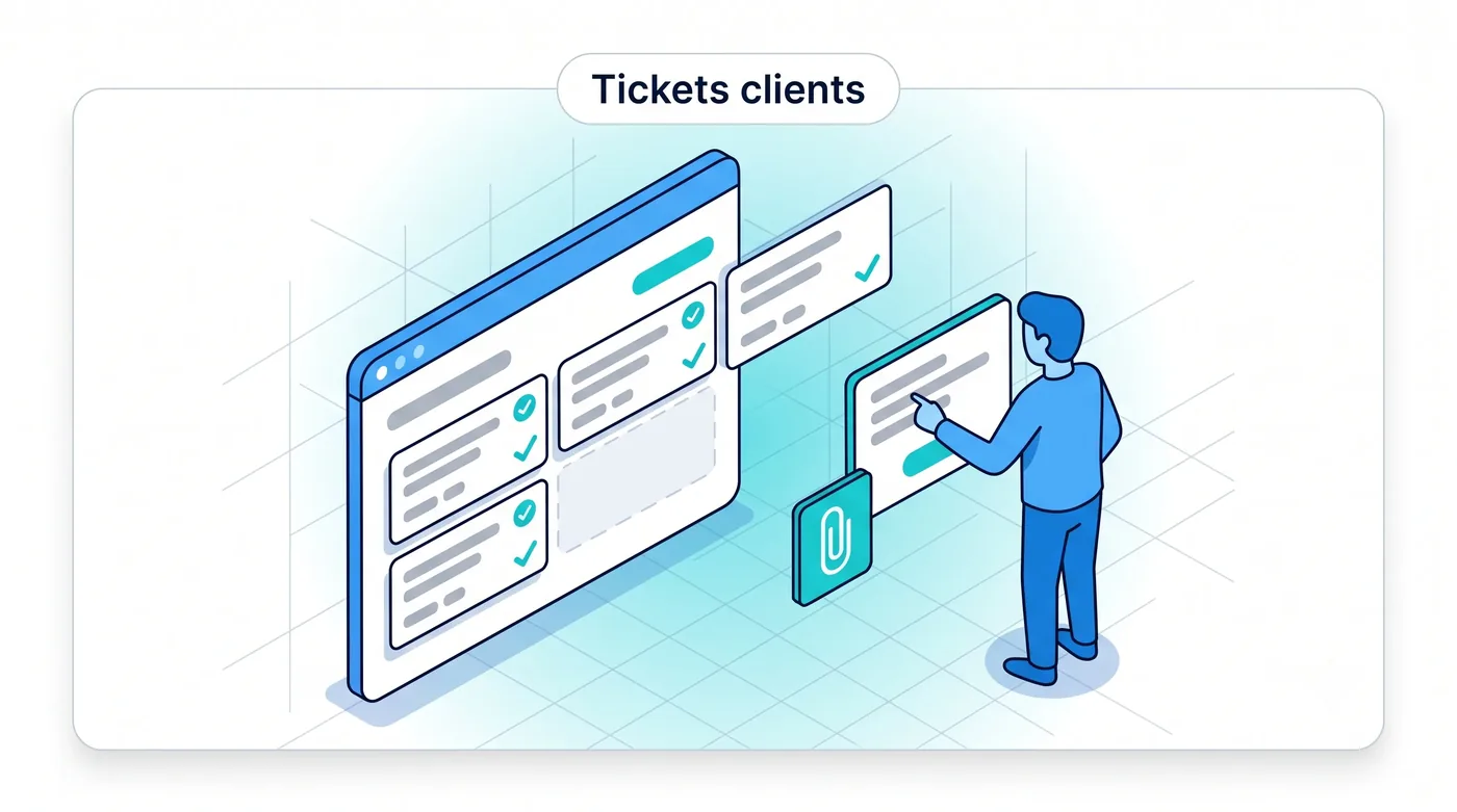 Gestion des tickets clients du centre d'appel Service 9000 via le portail internet client : création de tickets, documents joints et solde des contrats temps