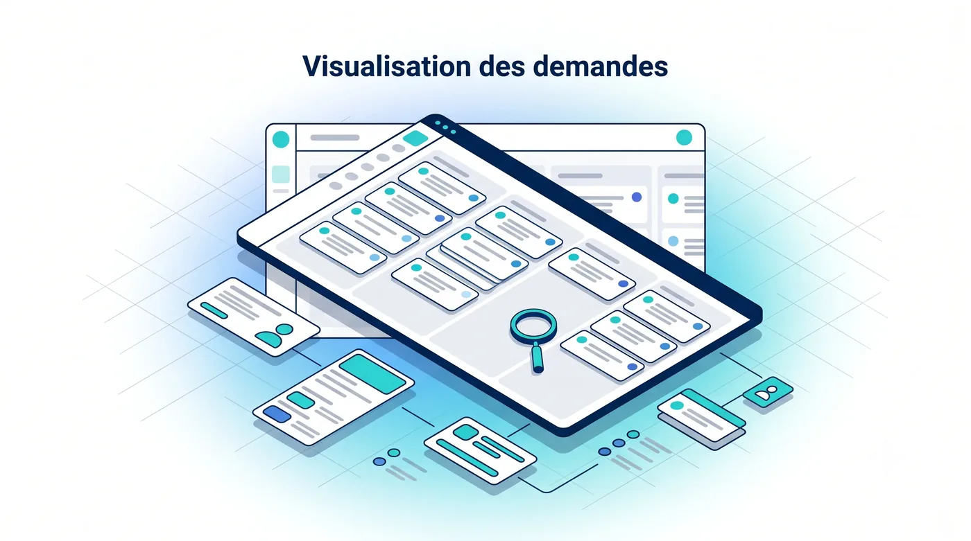 Visualisation instantanée des demandes du centre d'appel Service 9000 : listes par service, intervenant et statut, demandes en cours, traitées ou hors délai