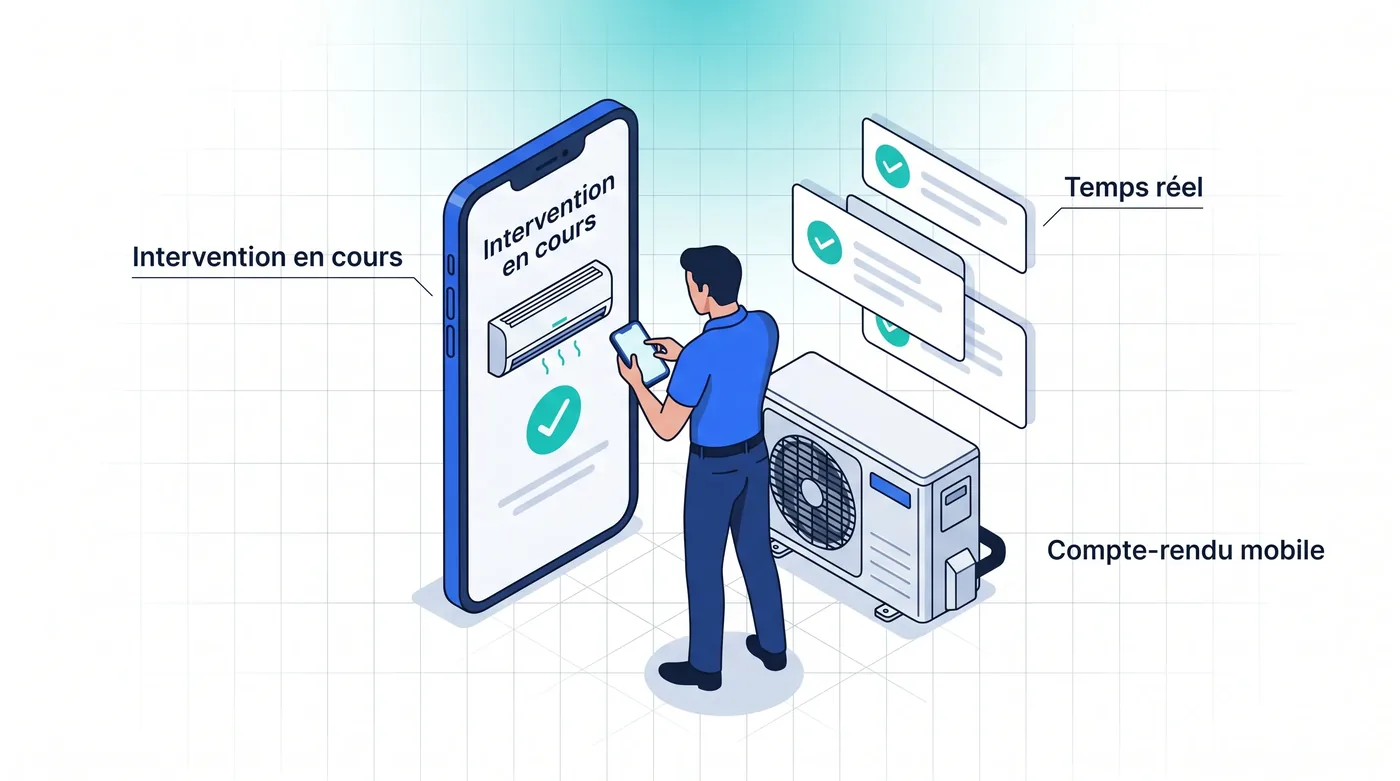 Application mobile pour vos interventions en temps réel - Service 9000 Application mobile GMAO Service 9000 : suivi en temps réel des interventions de chauffage et climatisation sur le terrain