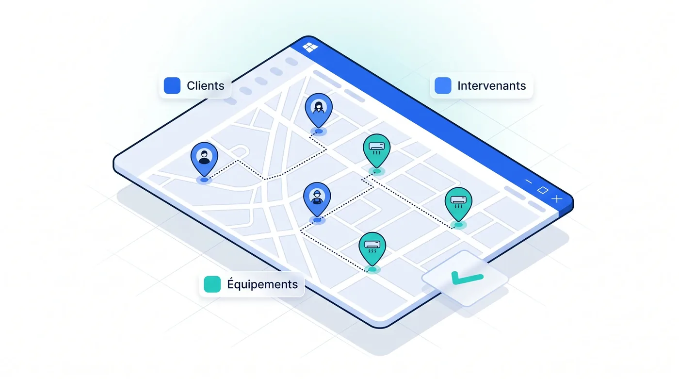 Optimisation des délais d'intervention - Service 9000 Géolocalisation en temps réel des clients, intervenants et équipements CVC dans Service 9000 pour optimiser les délais