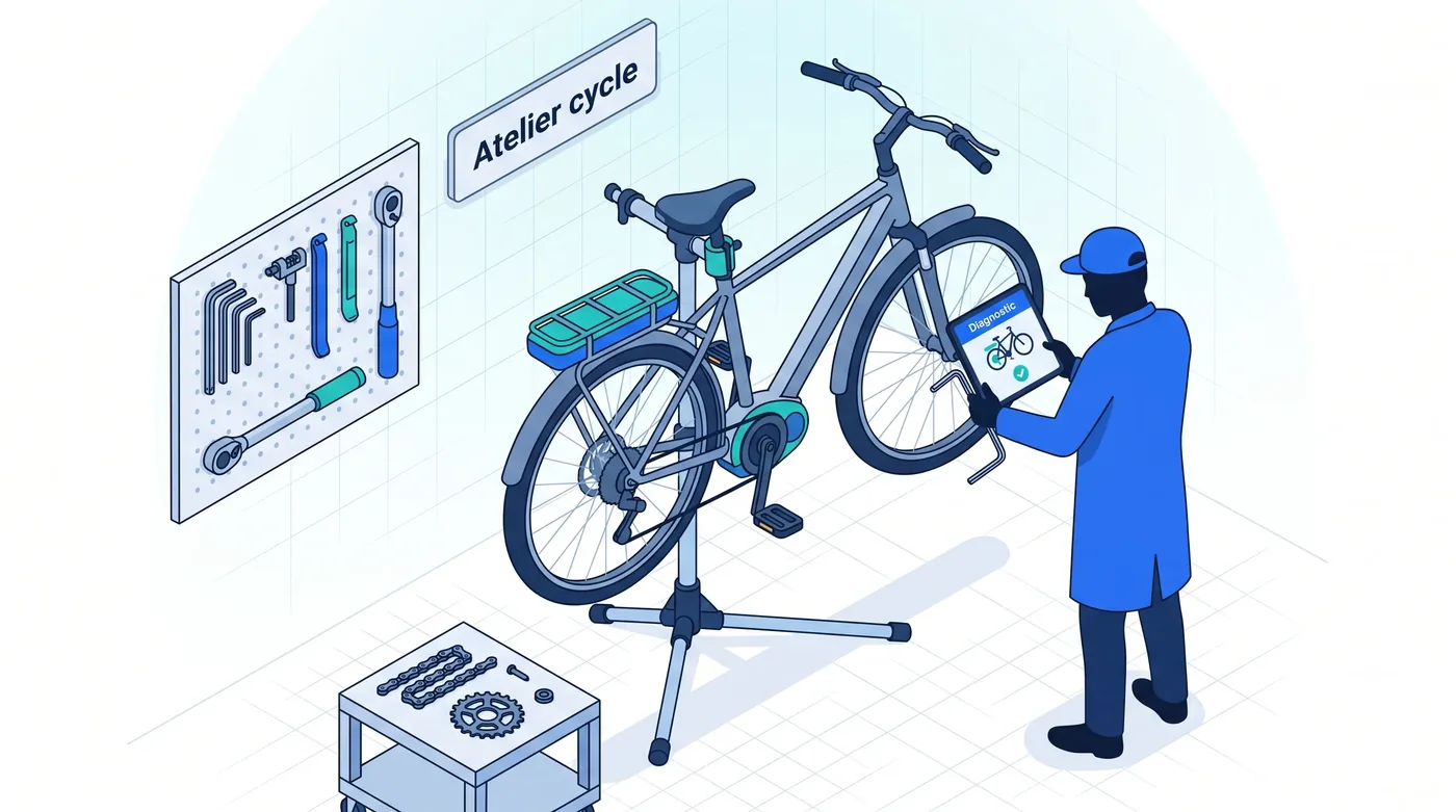 Atelier cycle & VAE : diagnostic et historique par numéro de série Atelier de réparation de vélos et VAE : mécanicien diagnostiquant un vélo sur un pied d'atelier avec tablette
