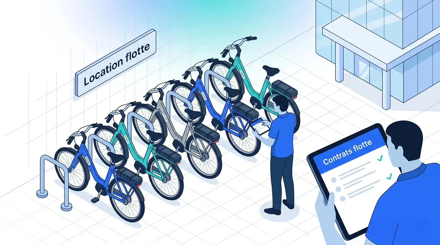 Flotte de location pro : contrats, échéances et retours suivis dans un dossier unique Flotte de vélos en location longue durée — gestionnaire pointant un parc de VAE alignés avec tablette de suivi des contrats