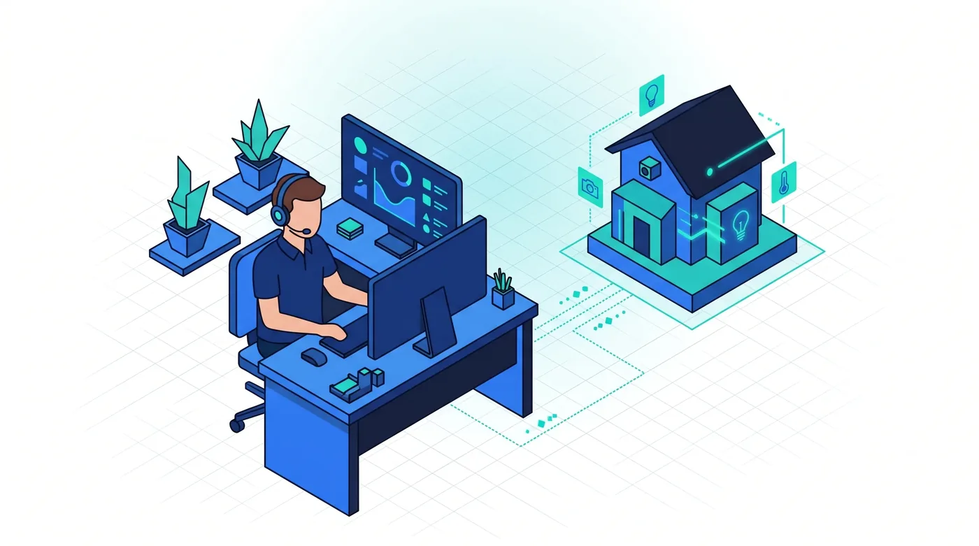 Assistance à distance : résoudre sans se déplacer quand c'est possible Technicien réalisant une assistance domotique à distance depuis un poste, supervision des installations clients à l'écran