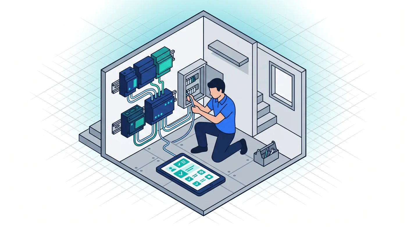 Installation et paramétrage : la maison connectée mise en service dans les règles Technicien domotique paramétrant une box et un écran de pilotage dans une maison connectée, points de contrôle sur tablette