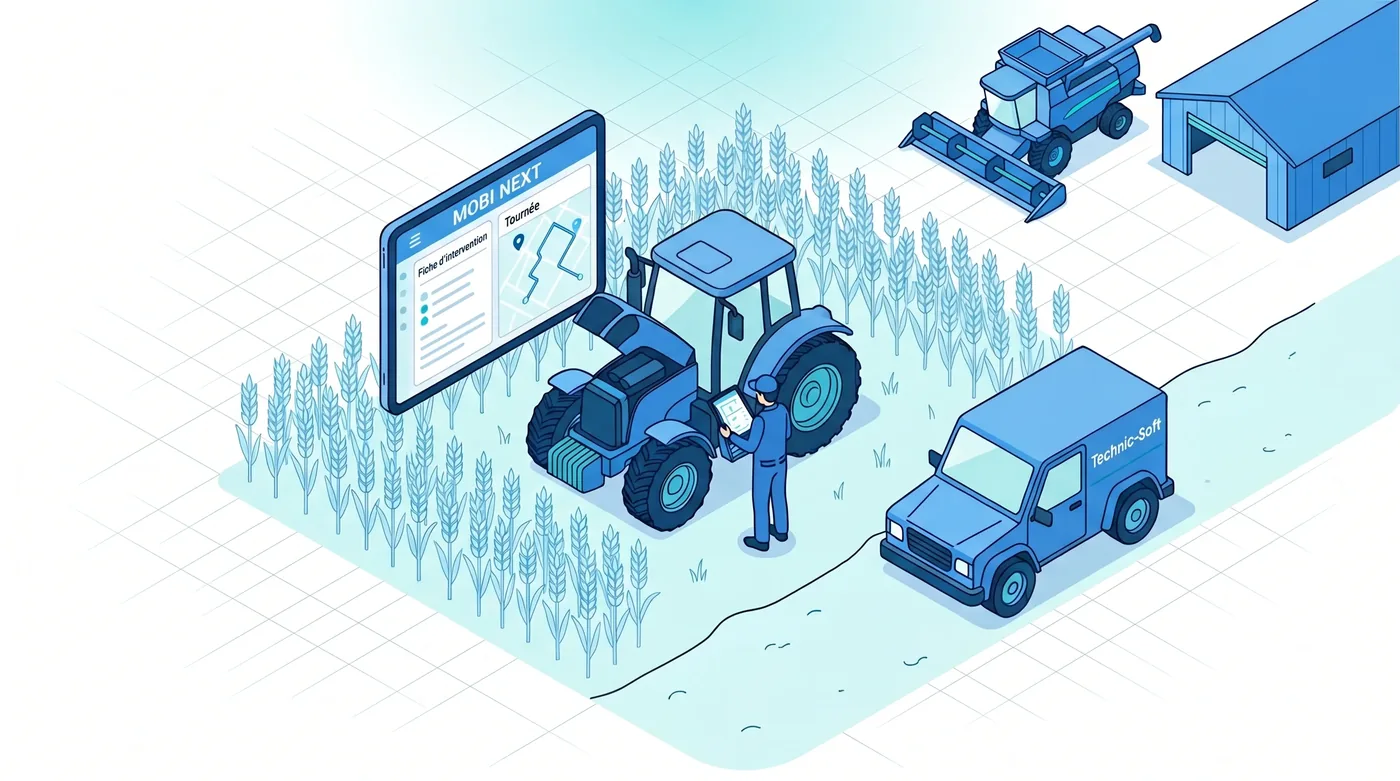Technicien en intervention de dépannage sur tracteur, application Mobi Next ouverte Technicien en intervention de dépannage sur tracteur, application Mobi Next ouverte