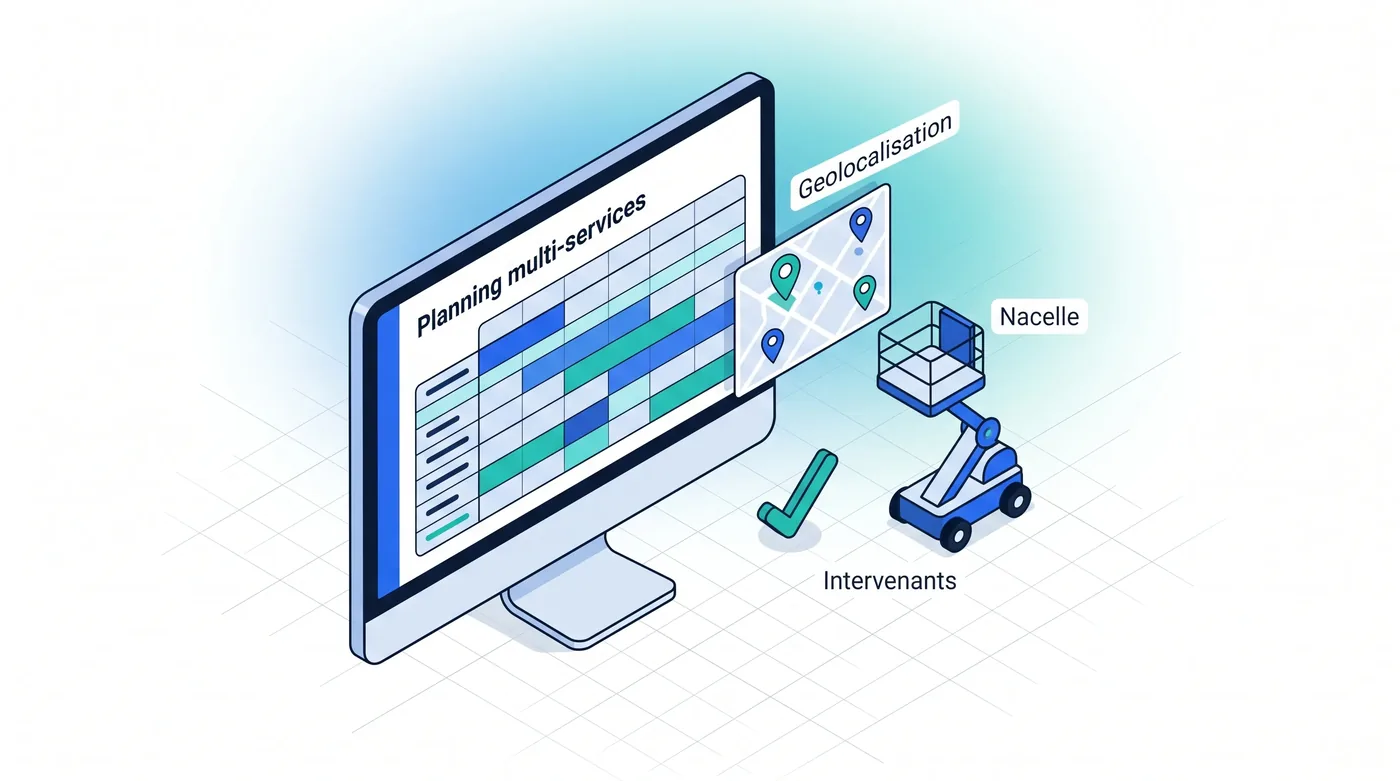 Planning multi-services des interventions en fermeture industrielle - Service 9000 Planning multi-services de la GMAO fermeture industrielle : agenda des intervenants, géolocalisation et gestion des ressources comme la nacelle.