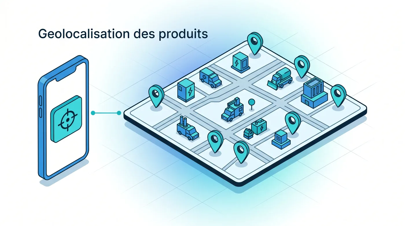 Géolocalisation des produits maintenus Service 9000 : géolocalisation des produits maintenus sur carte, coordonnées GPS enregistrées depuis le smartphone