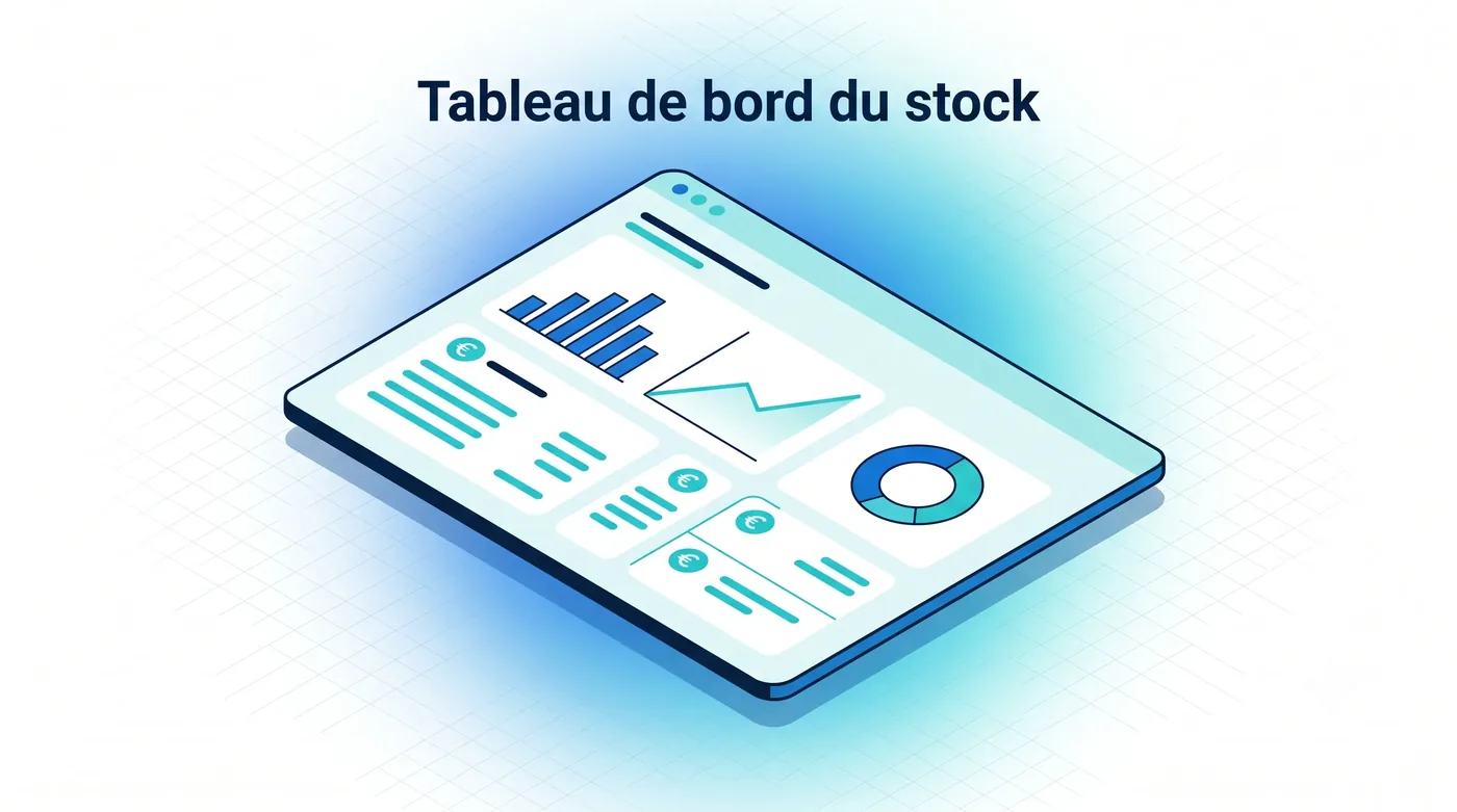 Tableau de bord du stock Service 9000 : tableau de bord de pilotage du stock, valeur du stock, disponible/réservé et comparatif des ventes