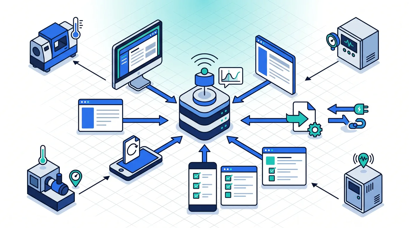 Les différentes méthodes d'acquisition des relevés de capteurs IoT (application Service 9000, portail web, terminal mobile, points de contrôle, importation et web service) centralisées dans la GMAO. Les différentes méthodes d'acquisition des relevés de capteurs IoT (application Service 9000, portail web, terminal mobile, points de contrôle, importation et web service) centralisées dans la GMAO.