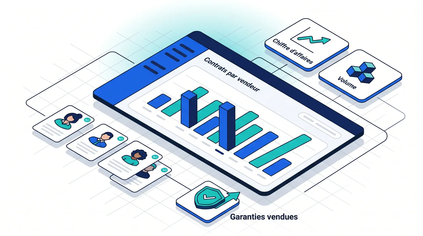 Suivi et analyse des contrats de garantie par vendeur, en volume et en chiffre d'affaires dans Ventes 9000 Suivi et analyse des contrats de garantie par vendeur, en volume et en chiffre d'affaires dans Ventes 9000