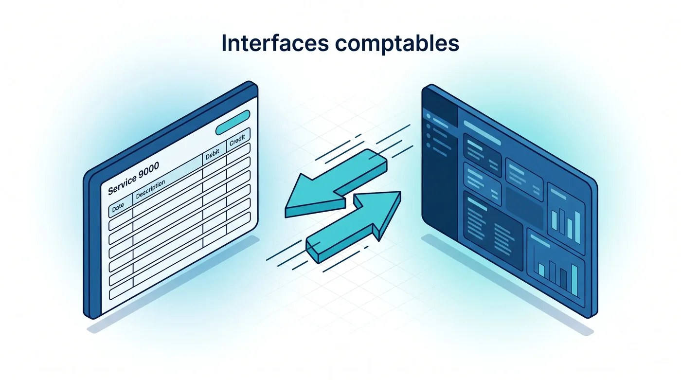 Interfaces comptables Service 9000 : interfaces comptables, transfert des écritures de ventes, règlements et achats vers un logiciel de comptabilité