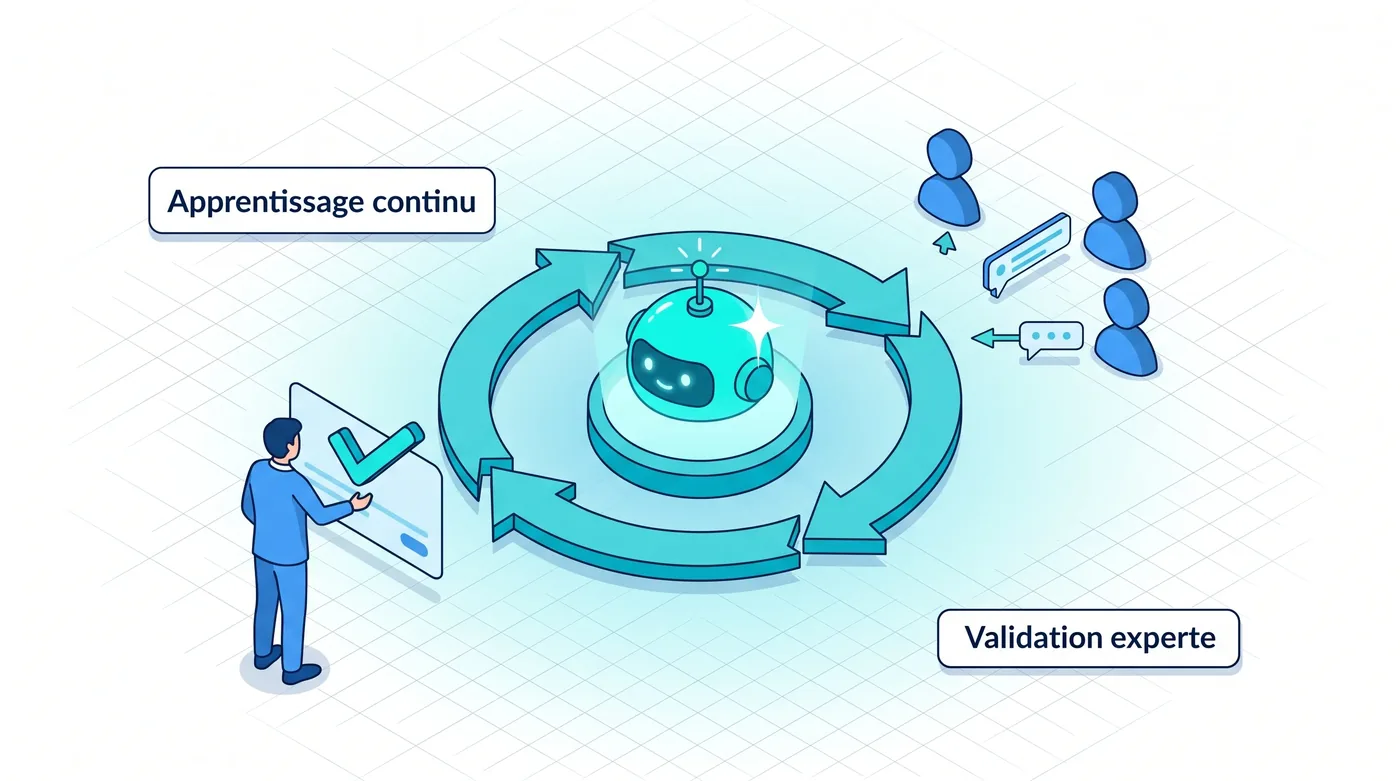 Hotline IA : apprentissage continu et validation experte Apprentissage continu de la Hotline IA encadré par l'expertise humaine : boucle d'amélioration alimentée par le feedback des utilisateurs et la validation des experts.