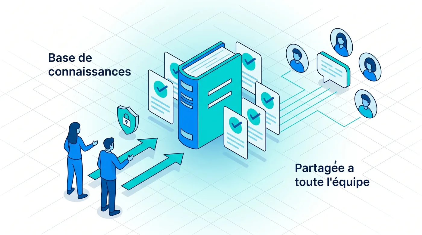 Hotline IA : une base de connaissances collaborative partagée à toute l'équipe Base de connaissances collaborative Hotline IA : les intervenants alimentent une base centrale de solutions anonymisées (RGPD), partagée à toute l'équipe via le chatbot.