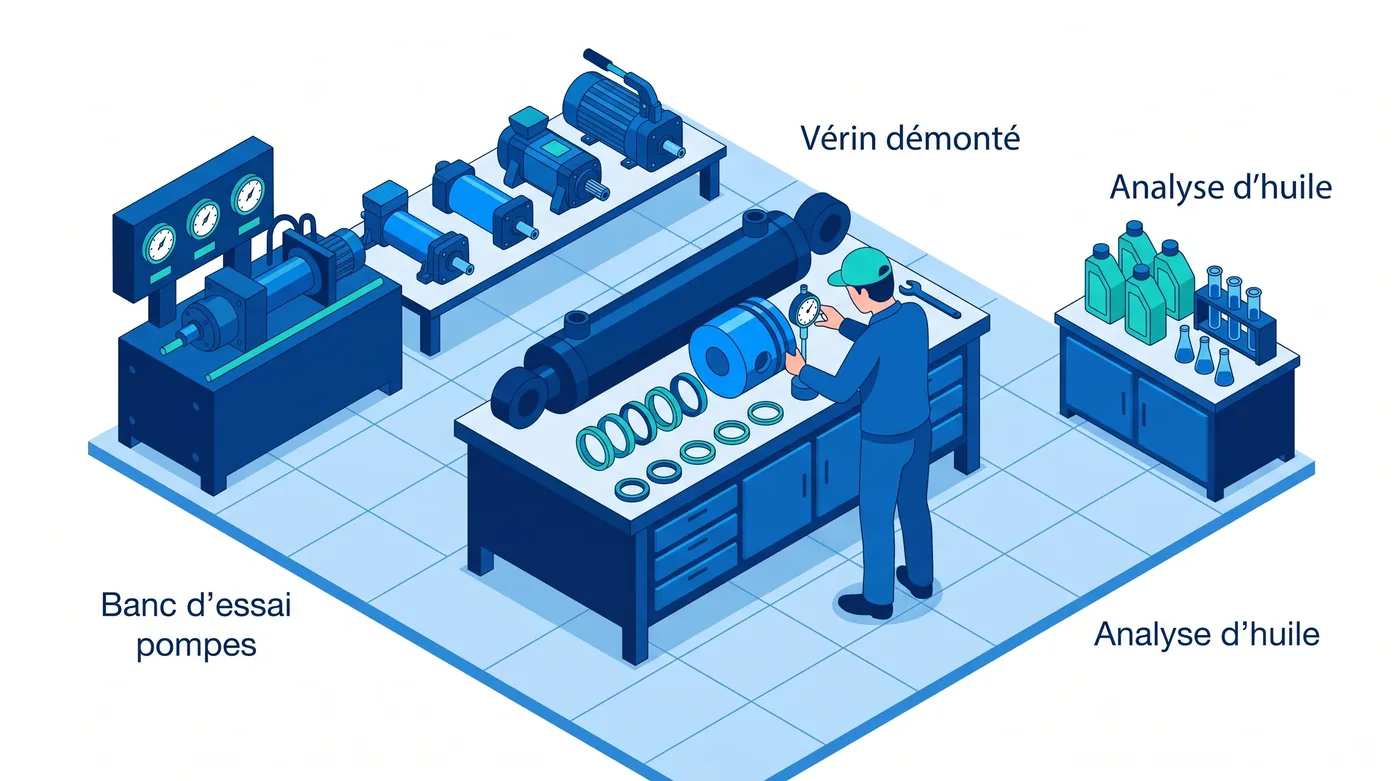Atelier de réparation hydraulique avec vérin démonté et banc d'essai de pompes Atelier de réparation hydraulique avec vérin démonté et banc d'essai de pompes
