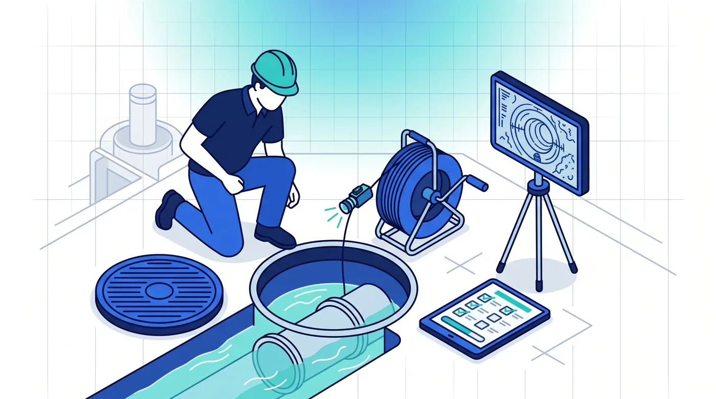 Inspection vidéo ITV : chaque défaut localisé, filmé et tracé dans le rapport Opérateur réalisant une inspection vidéo de canalisation (ITV) avec une caméra sur enrouleur, écran de contrôle et rapport sur tablette