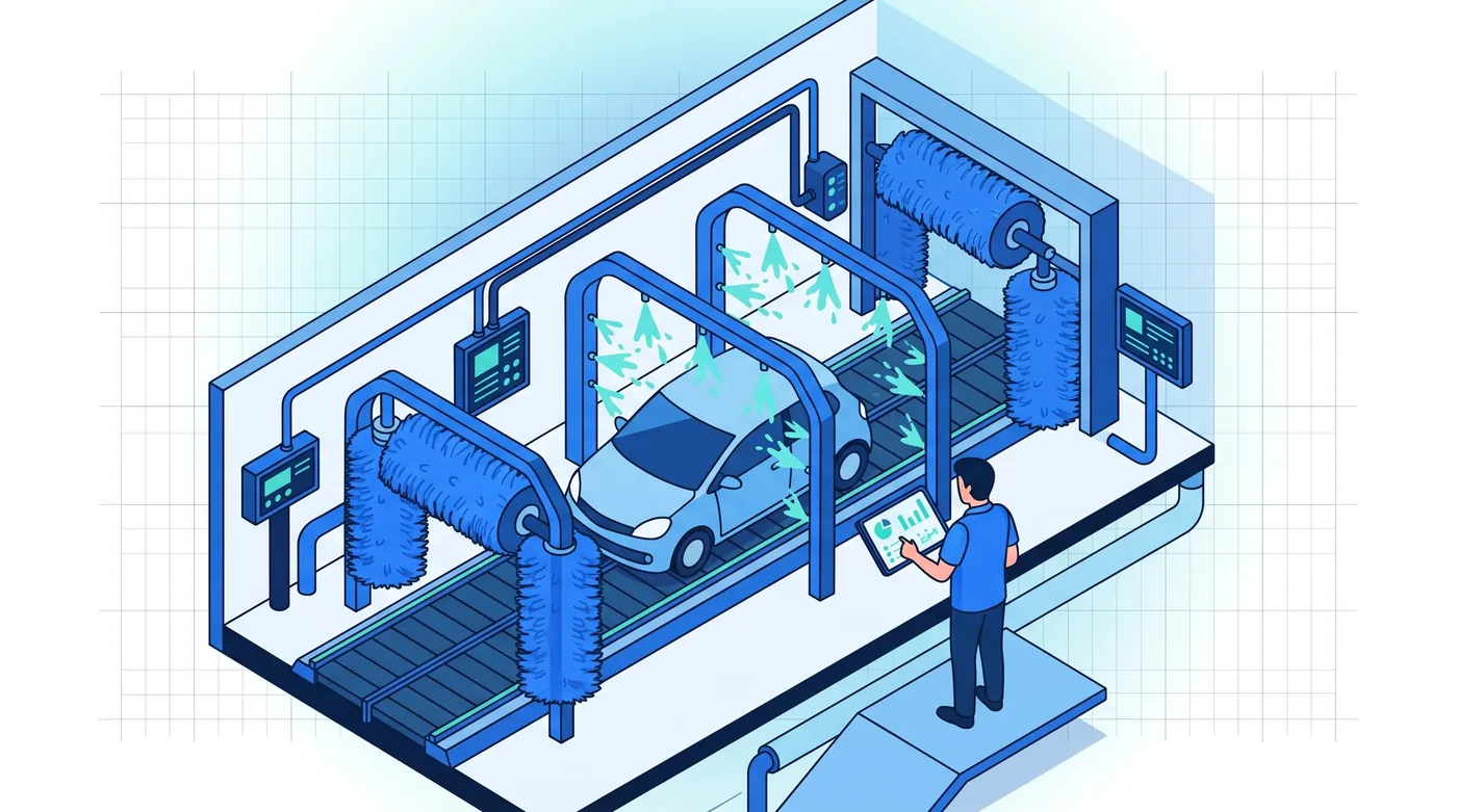 Tunnels et lavage industriel : disponibilité maximale, lignes supervisées Tunnel de lavage automatique avec véhicule en cours de lavage, technicien supervisant la ligne sur tablette
