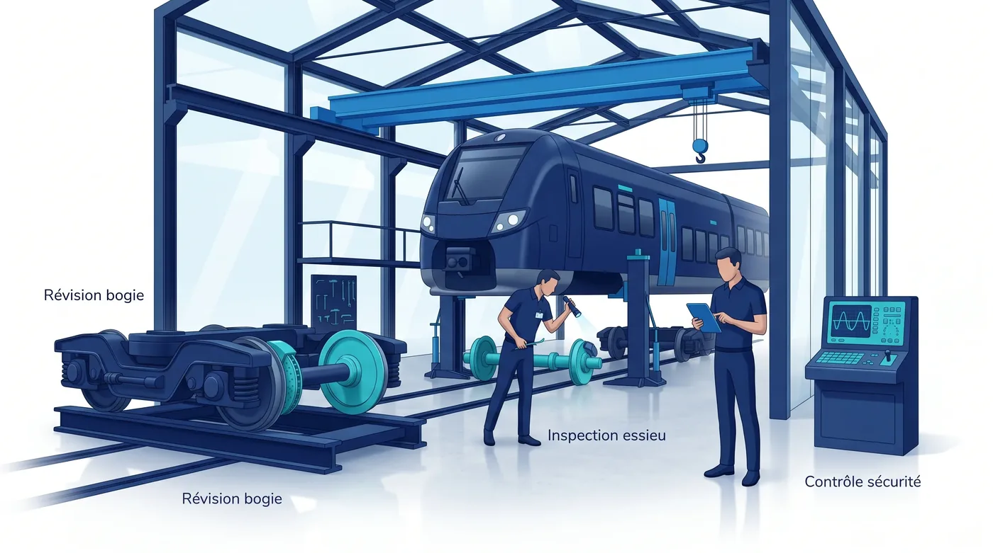 Atelier de révision ferroviaire avec rame sur fosse et bogies démontés