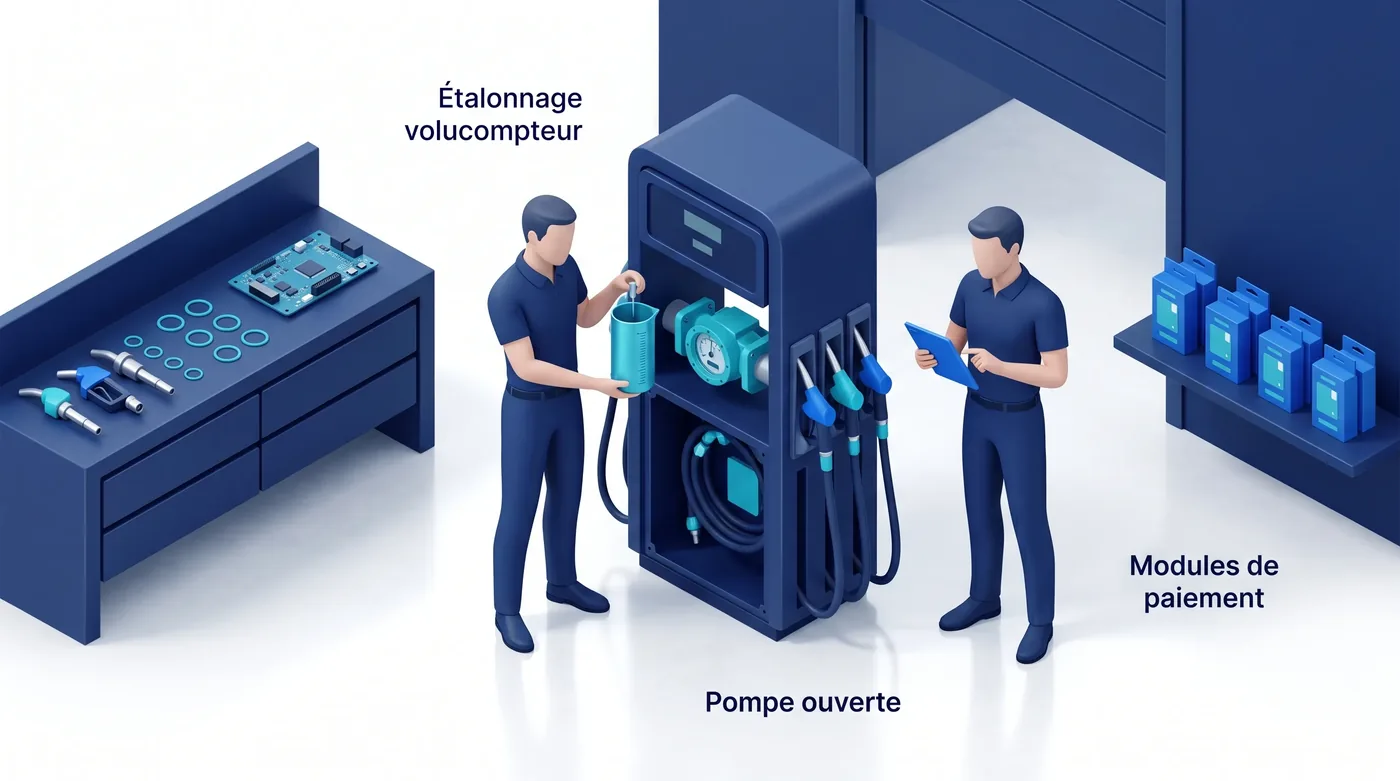 Atelier de révision de pompes à essence avec étalonnage métrologique