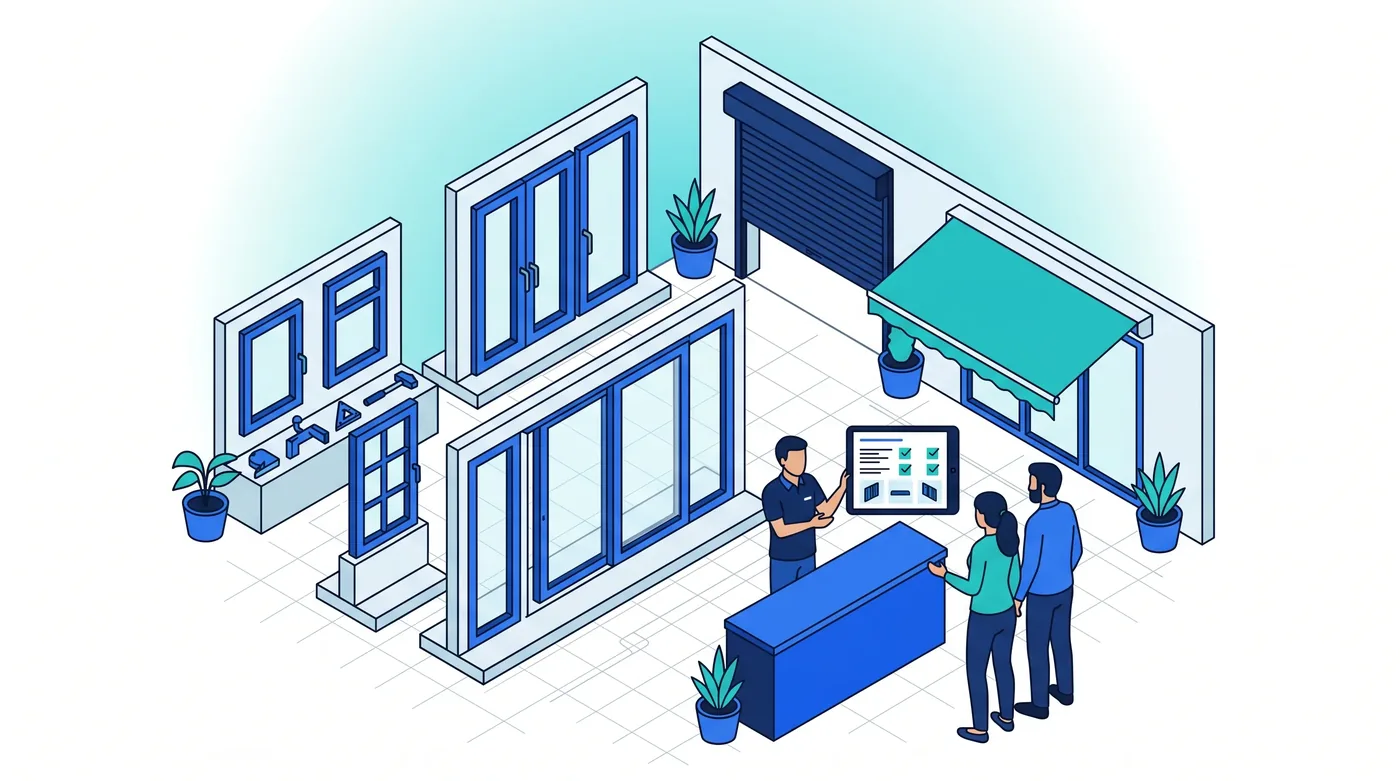Du showroom au chantier : devis, commande et pose sans ressaisie Showroom de menuiserie et stores avec fenêtres, volets et stores exposés, vendeur présentant un devis sur tablette