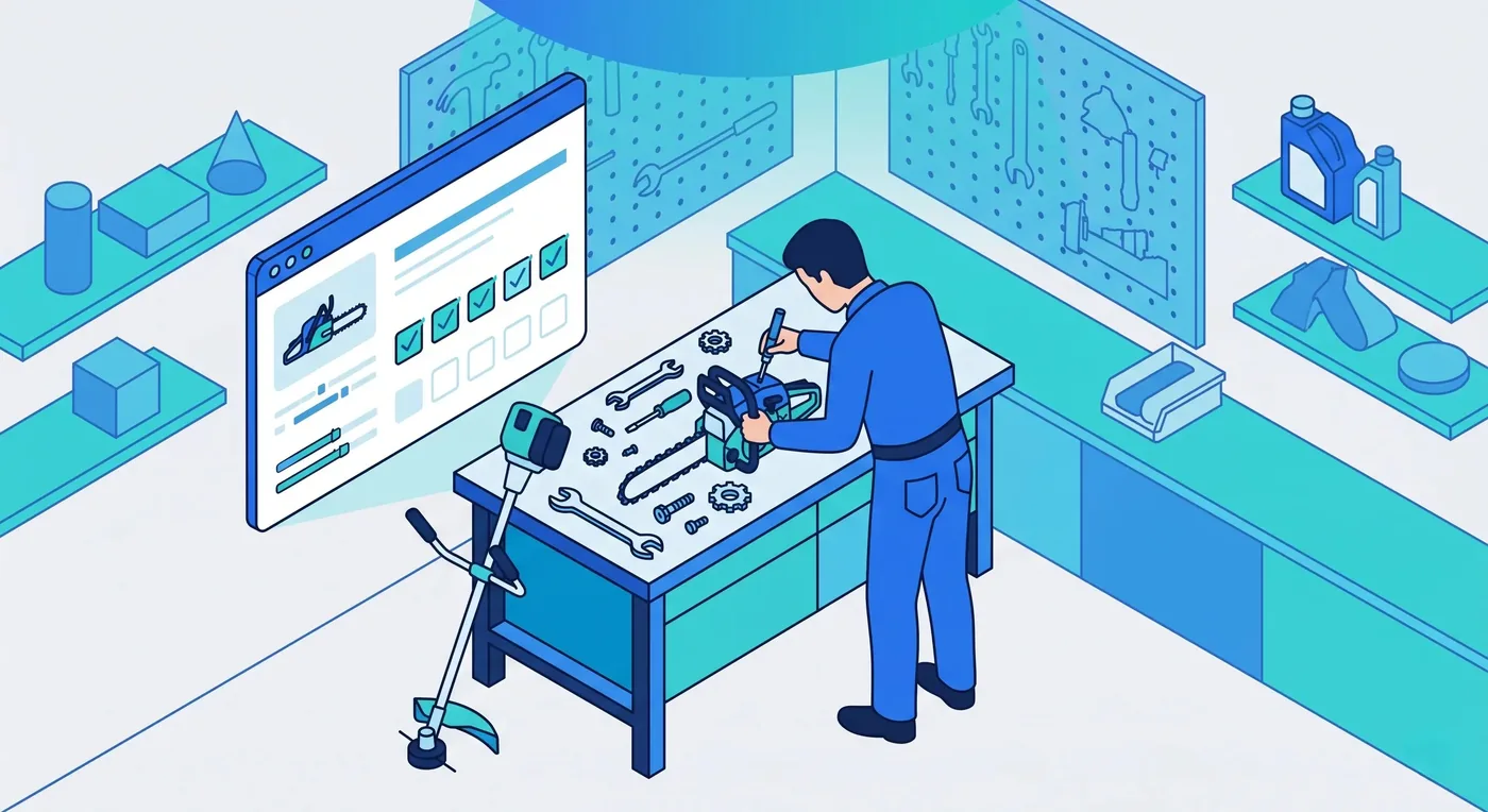 Technicien réparant une tondeuse autoportée à l'atelier, machine identifiée par numéro de série