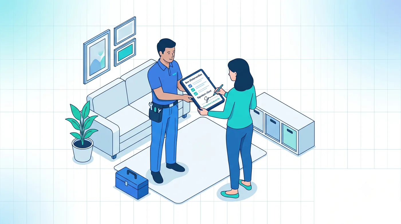 Bon d'intervention : chaque passage horodaté et signé par le client Intervenant réalisant une prestation de service à domicile, bon d'intervention signé sur tablette
