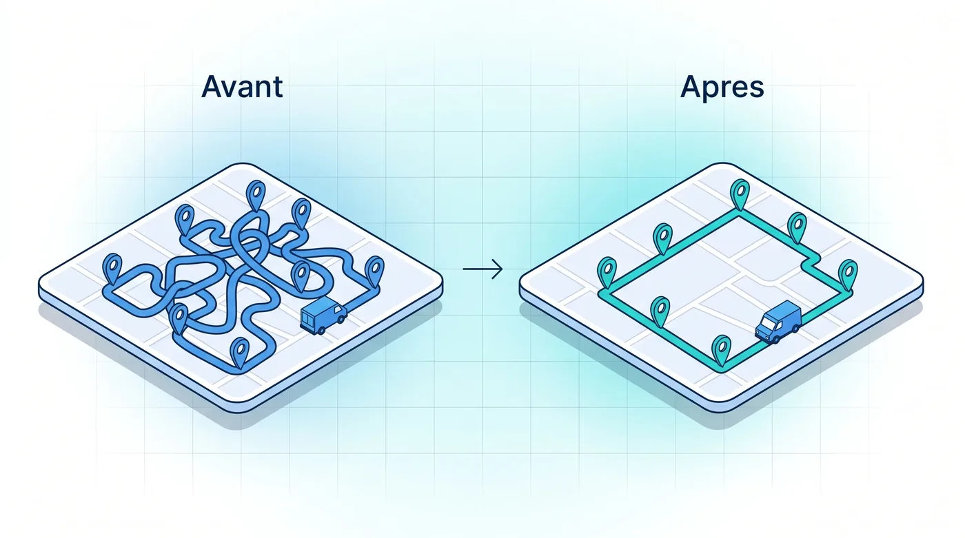 Comparaison avant / après de l'optimisation des tournées : itinéraire long et désordonné avant optimisation, trajet court et fluide après optimisation avec Service 9000.