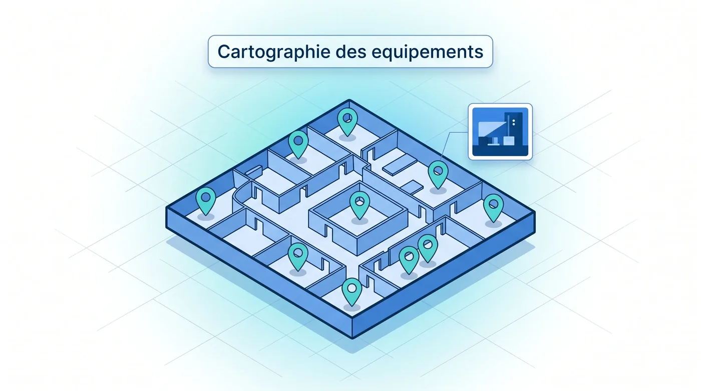 Cartographie des équipements sur plans d'implantation, localisation par catégorie de produit et état du contrat - logiciel Service 9000