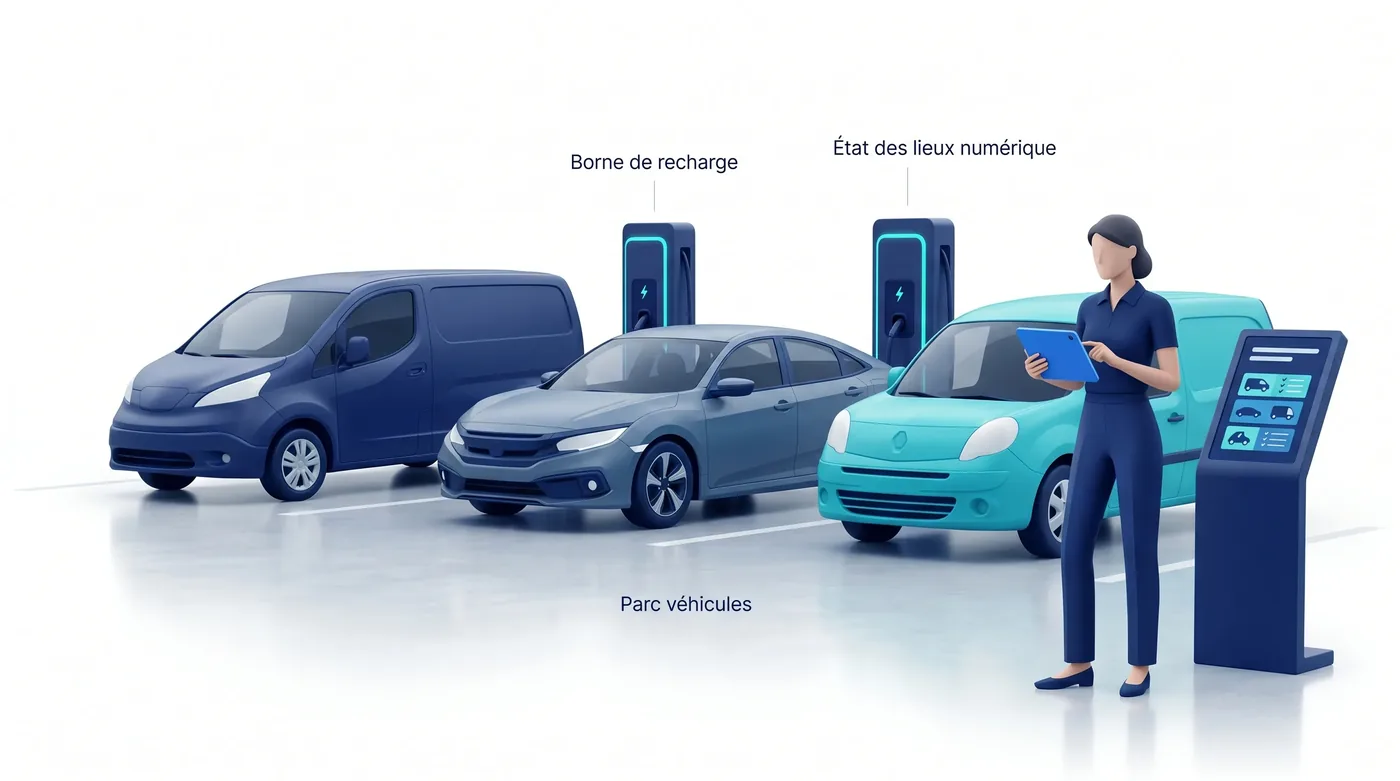Espace de gestion d'un parc de véhicules d'entreprise avec utilitaires et borne de recharge Espace de gestion d'un parc de véhicules d'entreprise avec utilitaires et borne de recharge