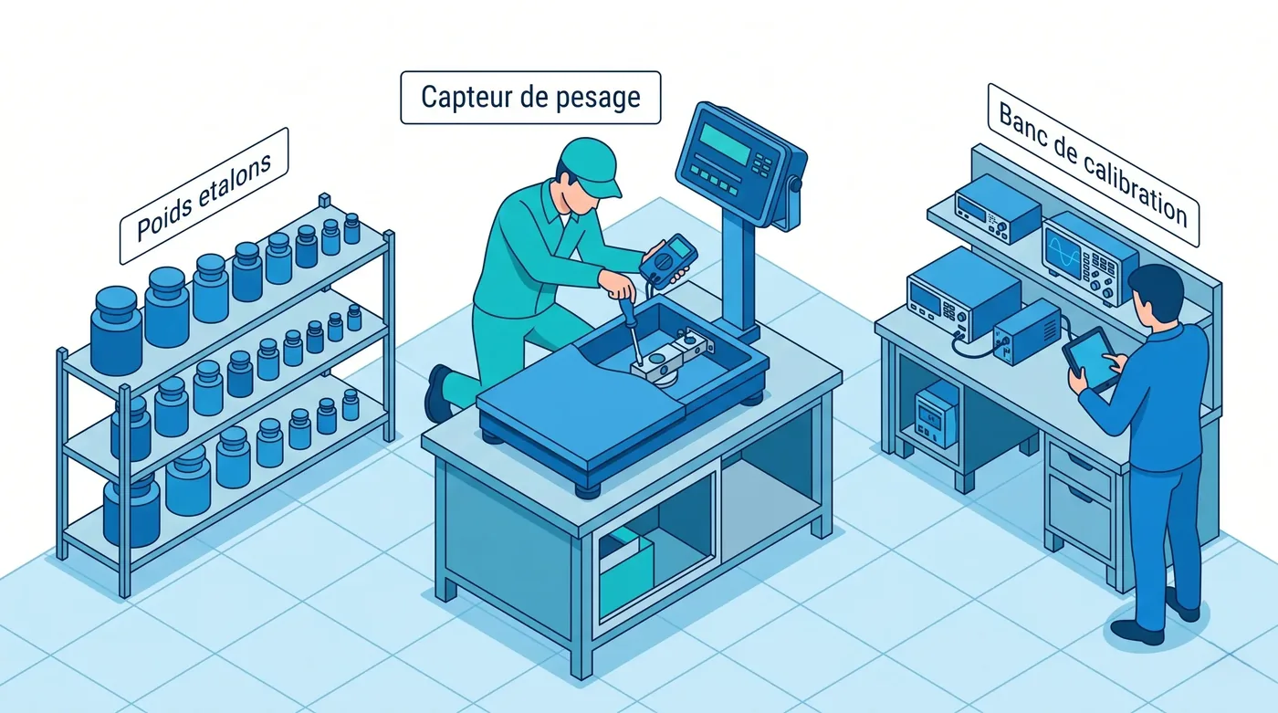 Atelier de métrologie avec balance industrielle en cours d'étalonnage Atelier de métrologie avec balance industrielle en cours d'étalonnage