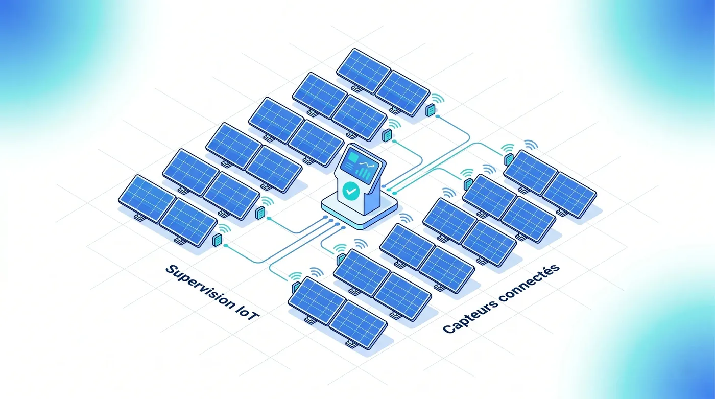 Supervision IoT du parc photovoltaïque et capteurs connectés - Service 9000 Supervision IoT d'un parc de panneaux solaires : capteurs connectés reliés à une supervision centralisée.