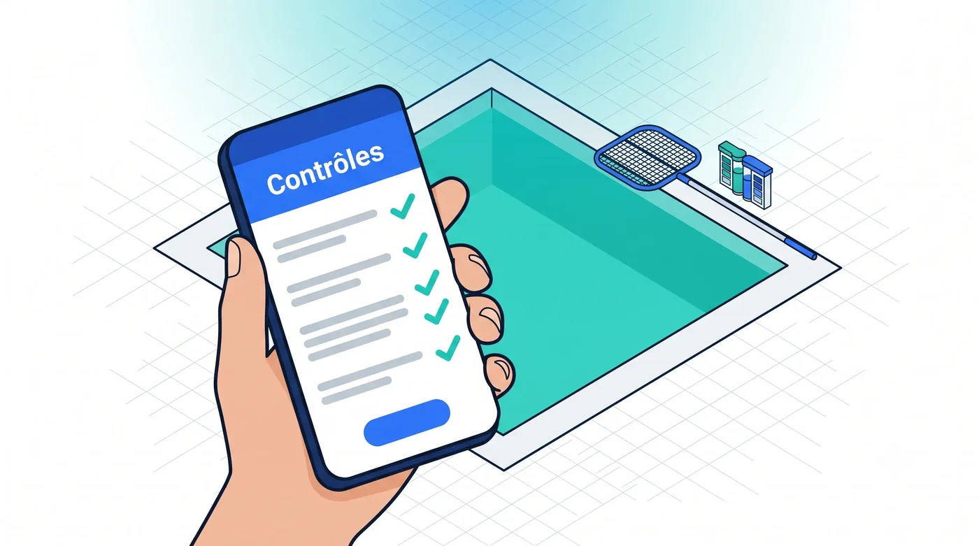 Contrôles qualité d'eau sur mobile au bord du bassin Points de contrôle qualité d'eau sur l'application mobile au bord du bassin : check-list cochée, épuisette et testeur d'eau