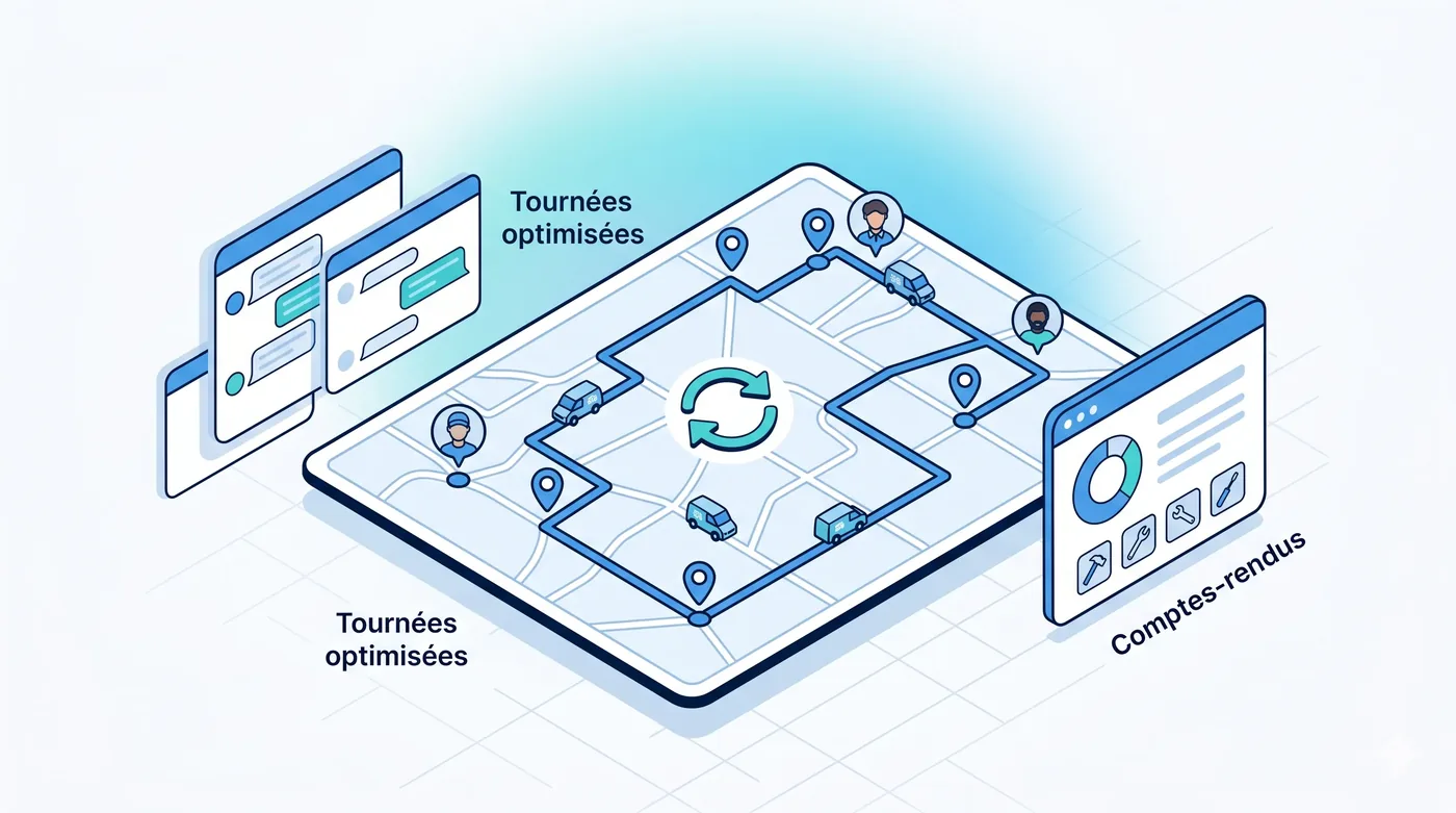 Logiciel de planning GMAO Service 9000 : organisation et optimisation automatique des tournées, affectation des interventions aux intervenants, comptes-rendus d'intervention et localisation du client et du produit sur la carte