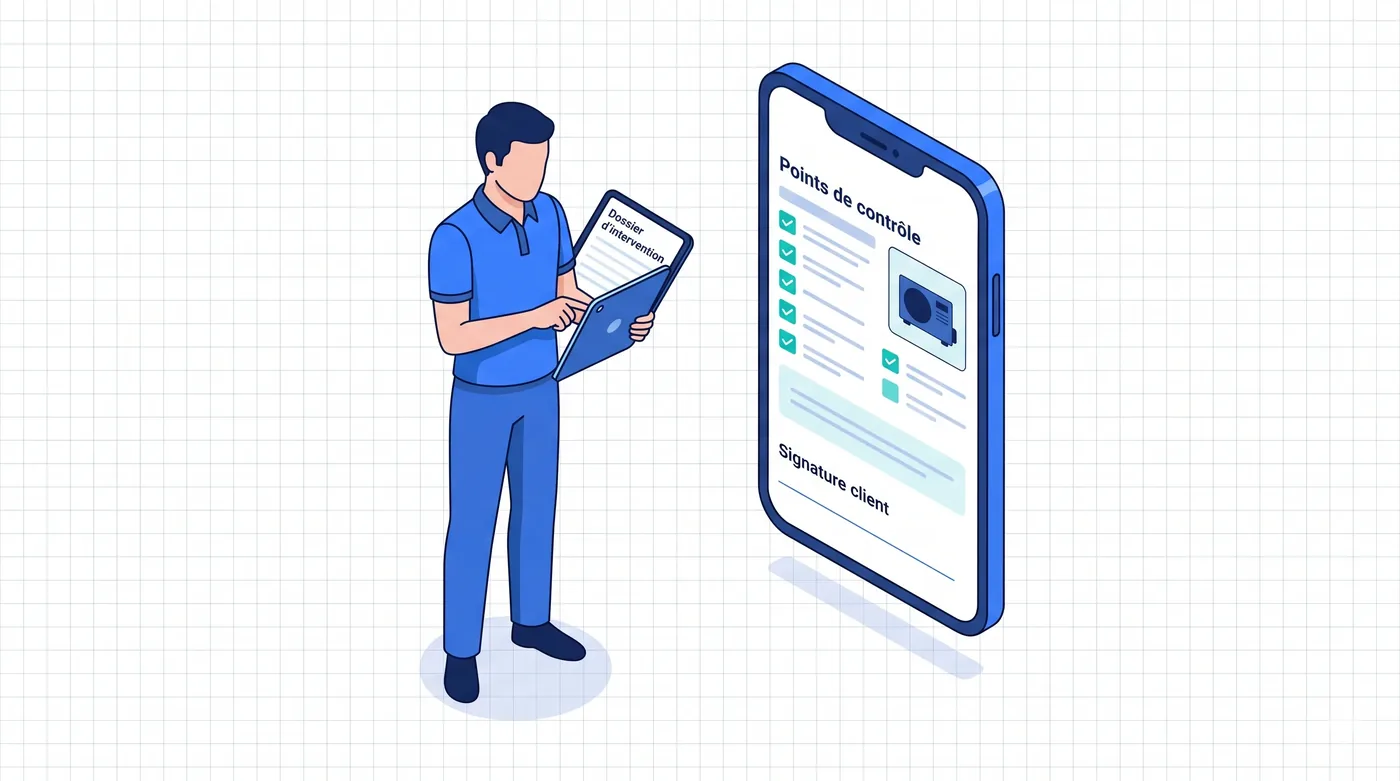 Application mobile Service 9000 : dossier d'intervention d'une pompe à chaleur, points de contrôle et signature client sur smartphone Application mobile Service 9000 : dossier d'intervention d'une pompe à chaleur, points de contrôle et signature client sur smartphone