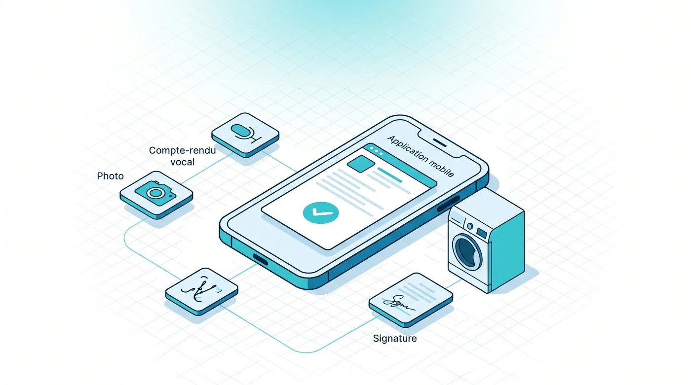 Application mobile SAV électroménager : compte-rendu vocal, photo de la plaque signalétique et signature client sur le terrain.