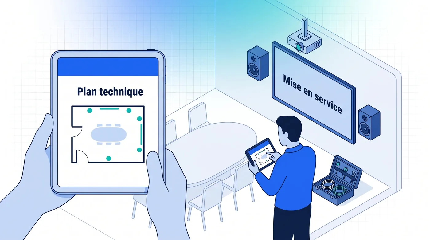 Intégration AV : du plan technique à la mise en service et à la recette Intégrateur installant un système de sonorisation et d'affichage dans une salle de réunion moderne