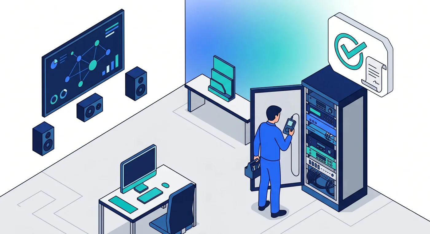 Maintenance sous contrat : installations contrôlées, rapports signés et archivés Maintenance d'une installation audiovisuelle sous contrat : contrôle d'un rack et rapport signé
