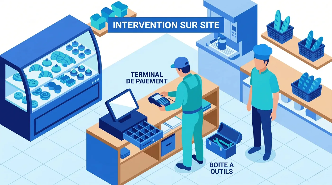 Intervention d'un technicien sur une caisse tactile et un TPE en magasin Intervention d'un technicien sur une caisse tactile et un TPE en magasin