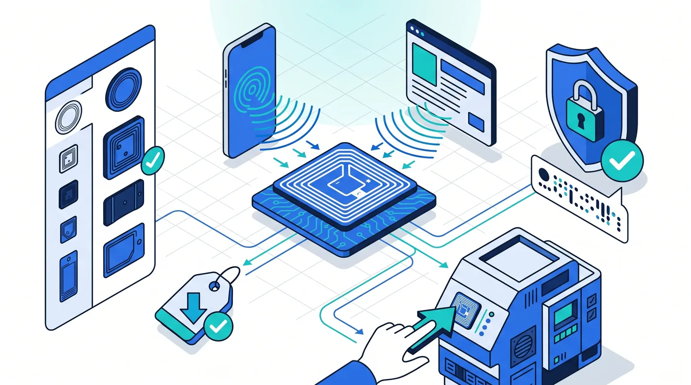 Programmation et encodage d'une étiquette NFC unique et infalsifiable pour identifier le matériel avec Service 9000.