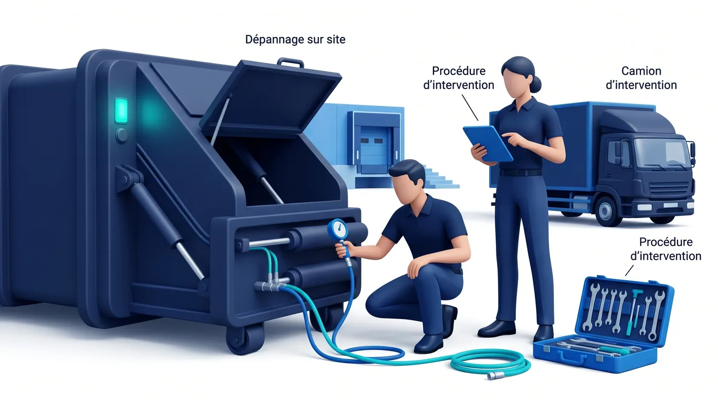 Intervention sur site sur un compacteur industriel par un technicien Intervention sur site sur un compacteur industriel par un technicien