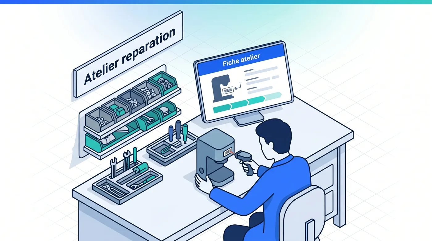 Atelier et station technique : flux de réparation suivi en temps réel Atelier SAV de la grande distribution : produit identifié par numéro de série, suivi du dossier sur écran