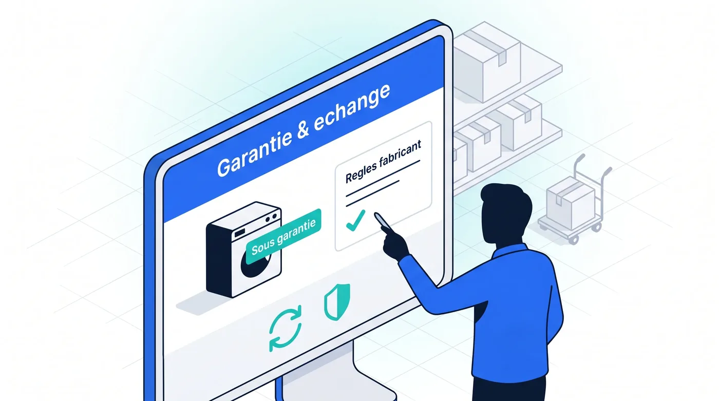 Garantie et échange : chaque décision tracée, comptes justes et clients informés Traitement d'une garantie et d'un échange en grande distribution sur écran, règles fabricant affichées