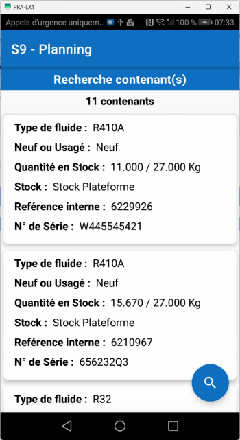 Service 9000 - Gestion des fluides - sélection d'un contenant